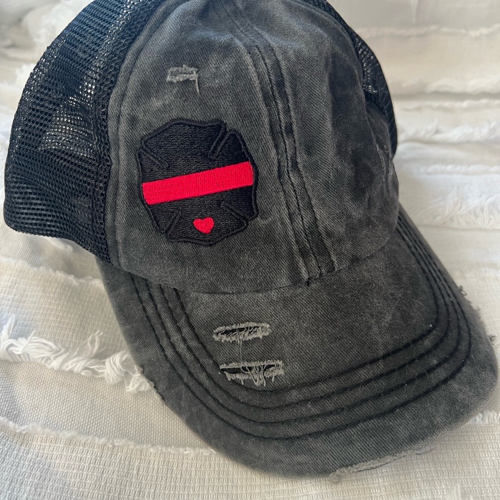 Women’s Black Distressed Cap with thin Red Line (firefighter love) ❤️